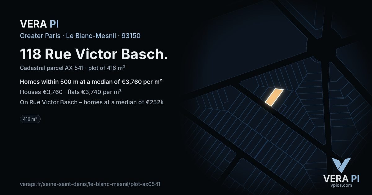 118 Rue Victor Basch, Le Blanc-Mesnil at night – the plot lit, the parcels around coloured by the prices near them