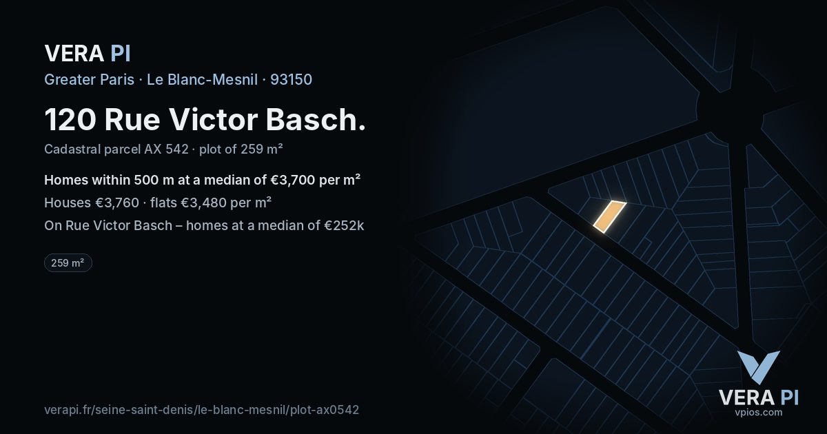 120 Rue Victor Basch, Le Blanc-Mesnil at night – the plot lit, the parcels around coloured by the prices near them