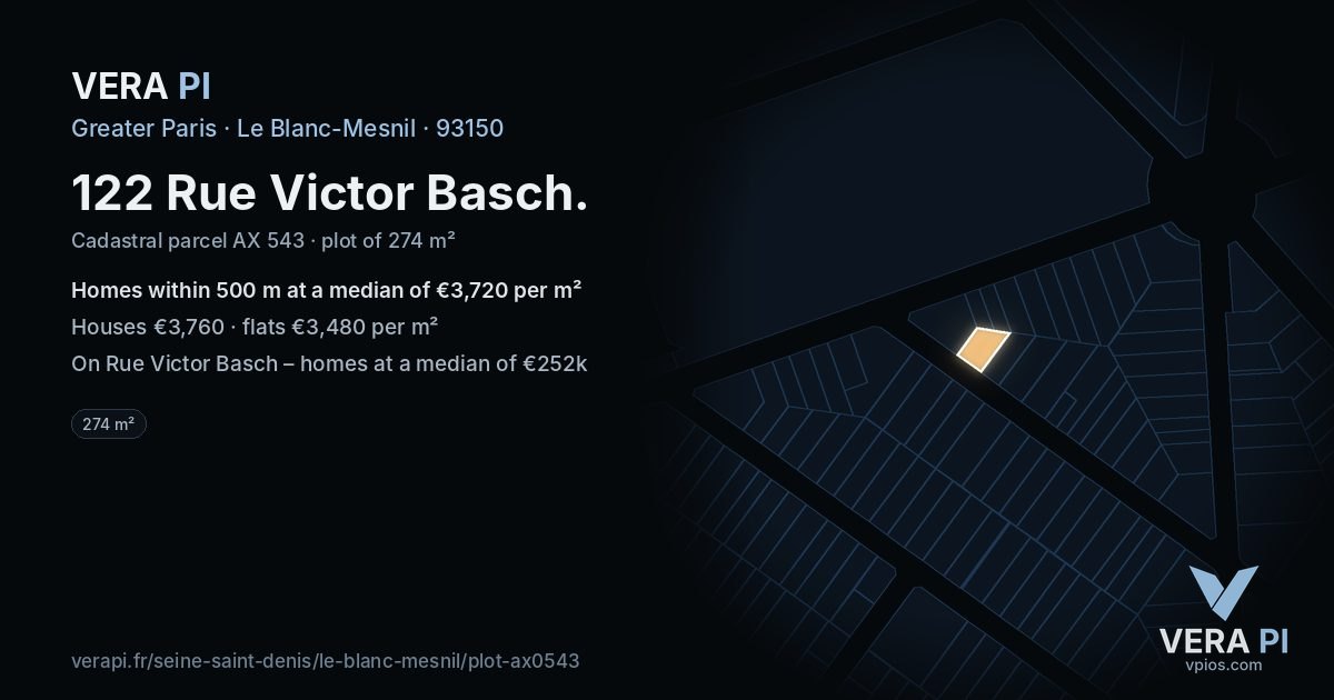 122 Rue Victor Basch, Le Blanc-Mesnil at night – the plot lit, the parcels around coloured by the prices near them