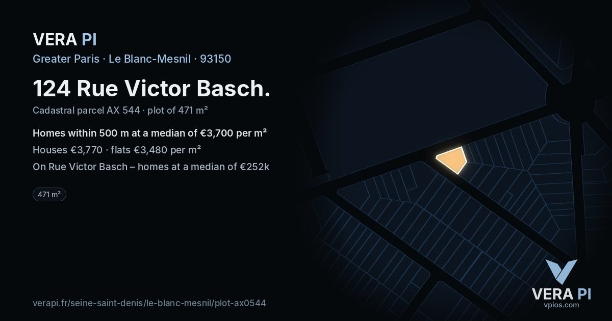 124 Rue Victor Basch, Le Blanc-Mesnil at night – the plot lit, the parcels around coloured by the prices near them