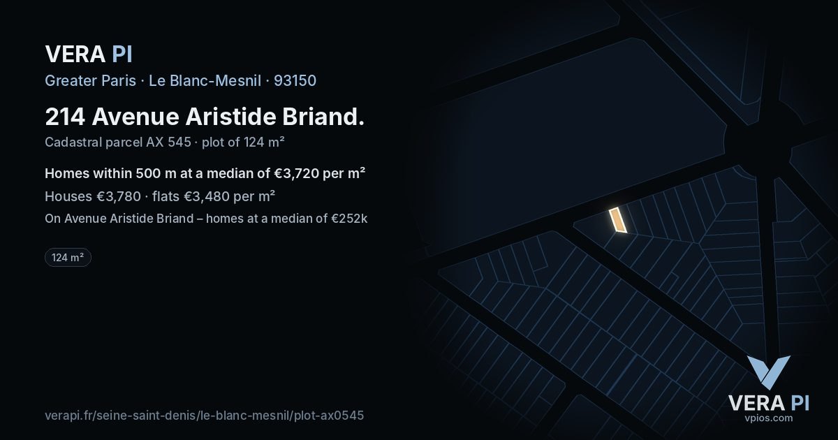 214 Avenue Aristide Briand, Le Blanc-Mesnil at night – the plot lit, the parcels around coloured by the prices near them