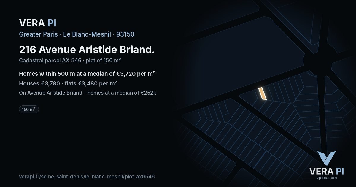 216 Avenue Aristide Briand, Le Blanc-Mesnil at night – the plot lit, the parcels around coloured by the prices near them