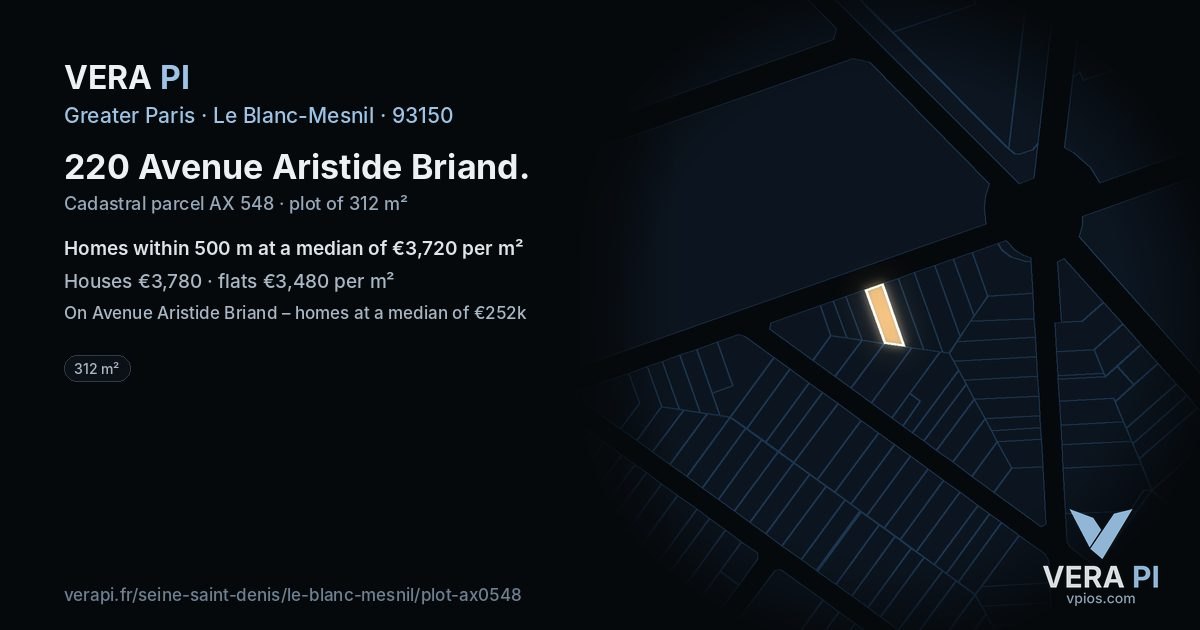 220 Avenue Aristide Briand, Le Blanc-Mesnil at night – the plot lit, the parcels around coloured by the prices near them
