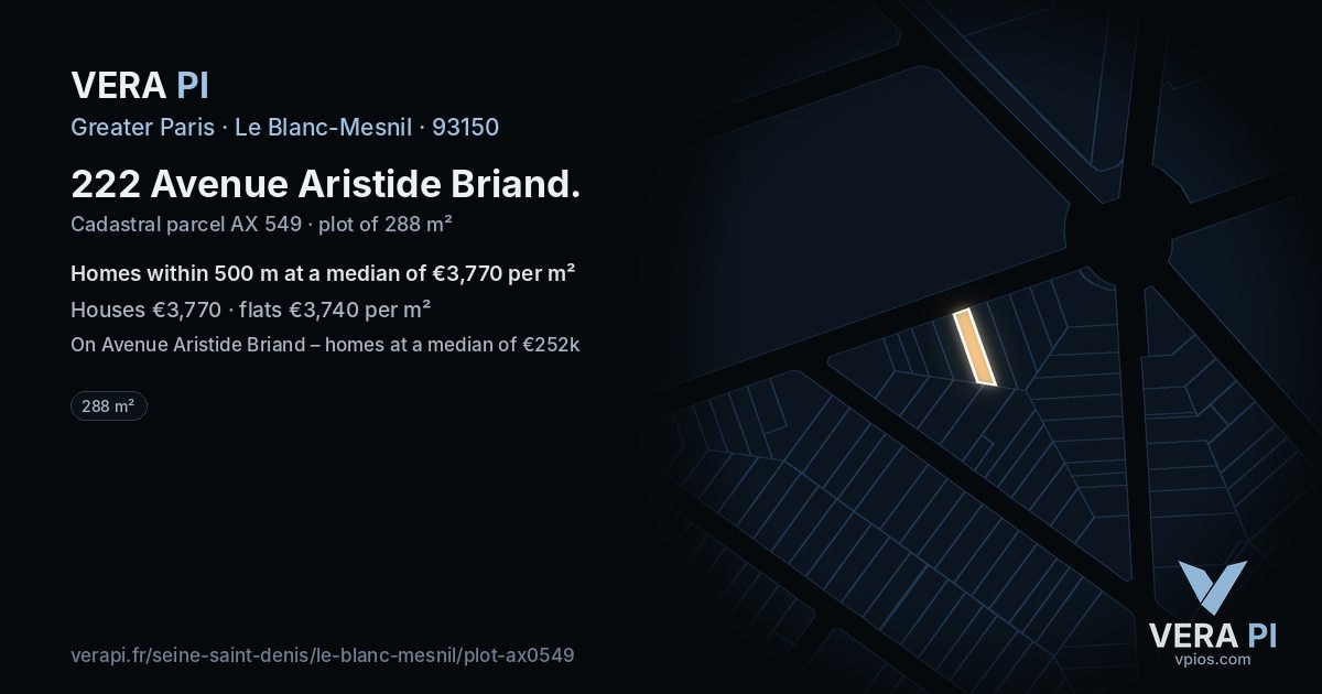 222 Avenue Aristide Briand, Le Blanc-Mesnil at night – the plot lit, the parcels around coloured by the prices near them