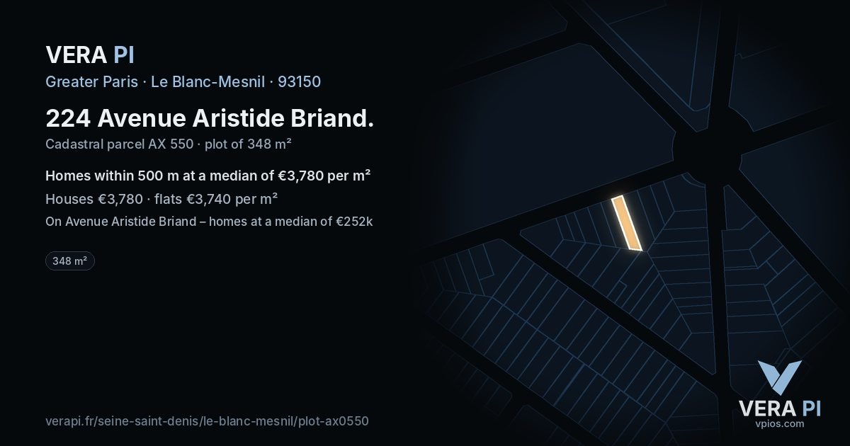 224 Avenue Aristide Briand, Le Blanc-Mesnil at night – the plot lit, the parcels around coloured by the prices near them