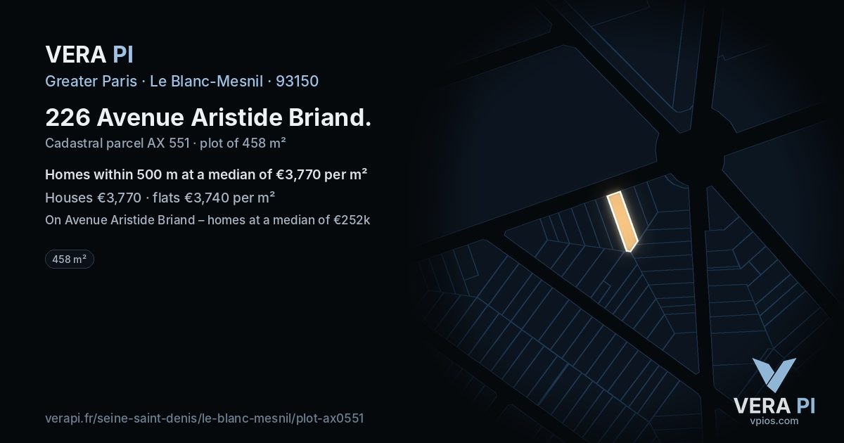 226 Avenue Aristide Briand, Le Blanc-Mesnil at night – the plot lit, the parcels around coloured by the prices near them