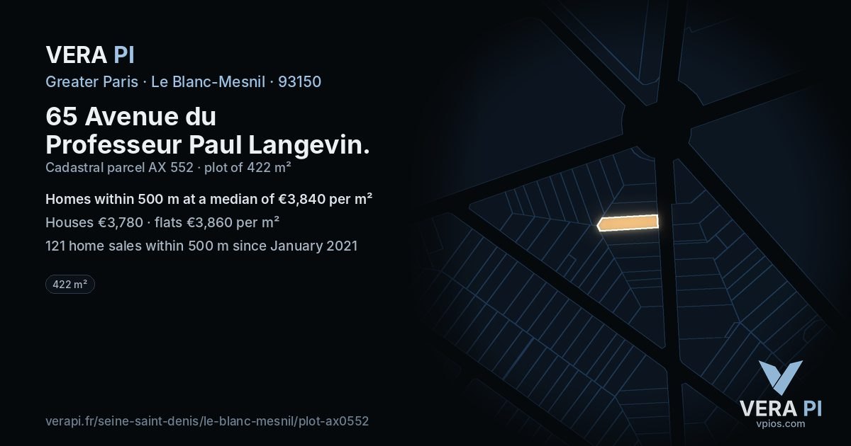 65 Avenue du Professeur Paul Langevin, Le Blanc-Mesnil at night – the plot lit, the parcels around coloured by the prices near them
