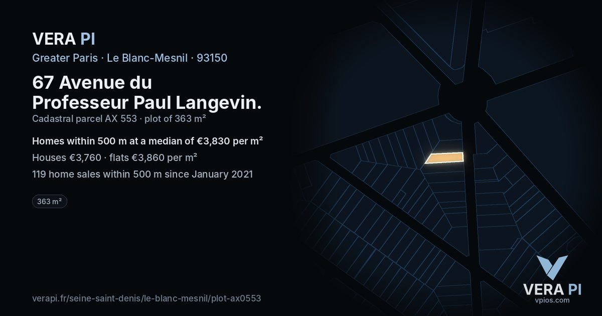 67 Avenue du Professeur Paul Langevin, Le Blanc-Mesnil at night – the plot lit, the parcels around coloured by the prices near them
