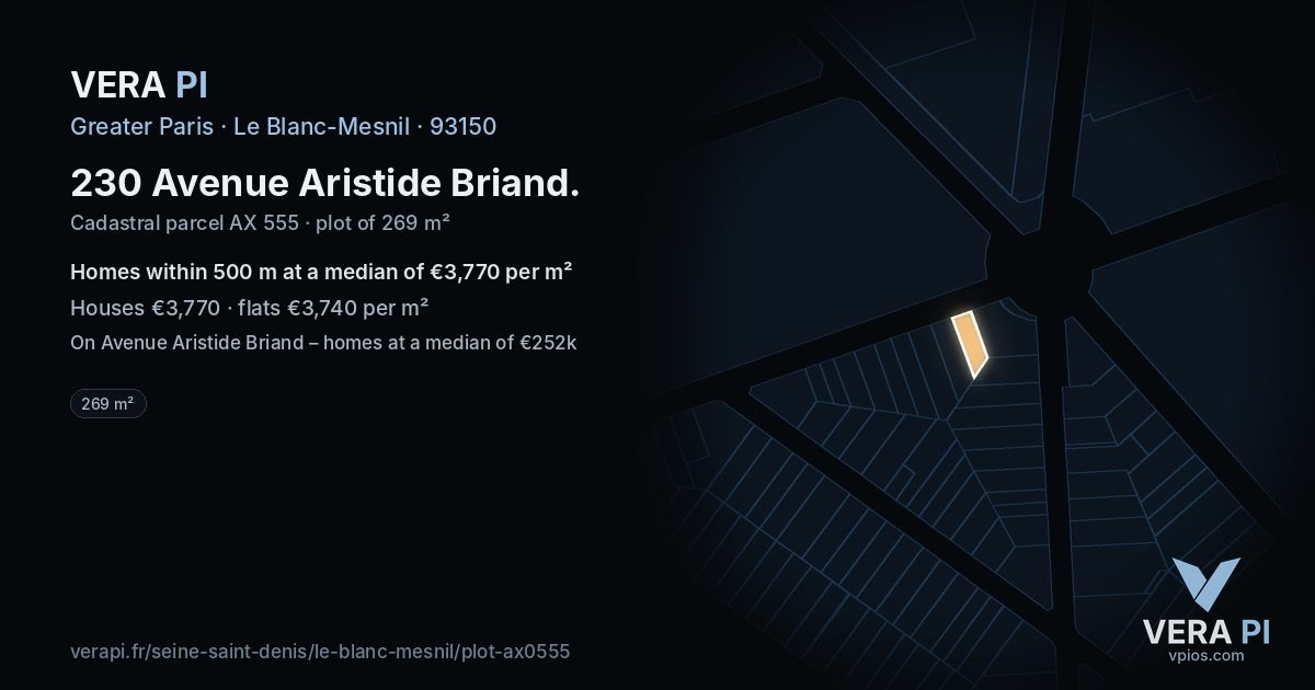 230 Avenue Aristide Briand, Le Blanc-Mesnil at night – the plot lit, the parcels around coloured by the prices near them