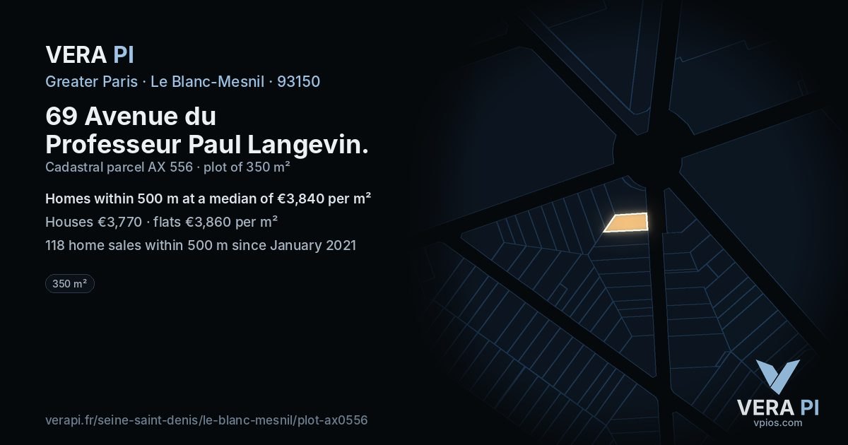 69 Avenue du Professeur Paul Langevin, Le Blanc-Mesnil at night – the plot lit, the parcels around coloured by the prices near them