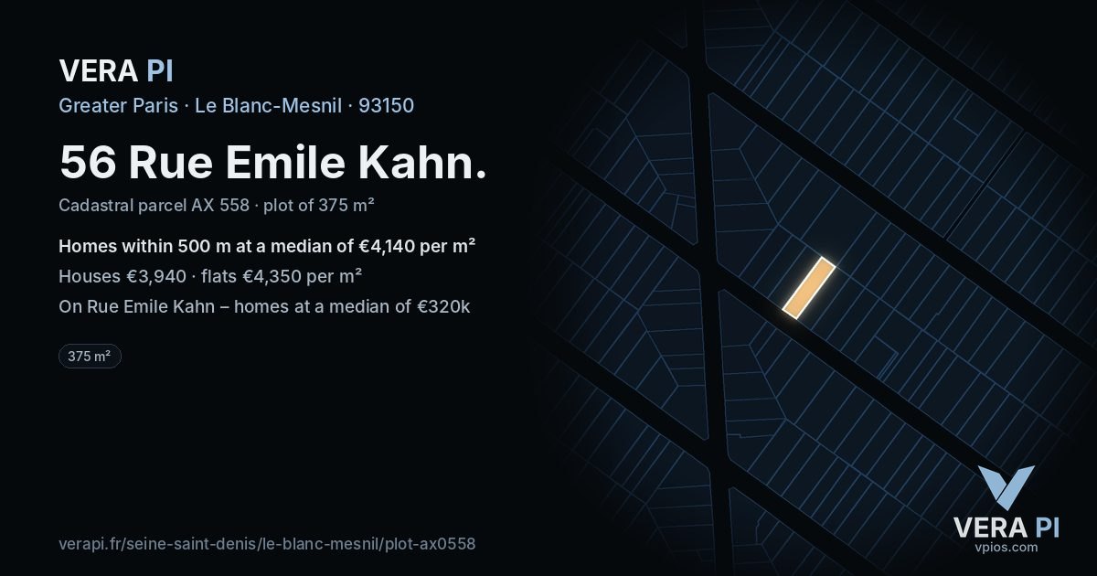 56 Rue Emile Kahn, Le Blanc-Mesnil at night – the plot lit, the parcels around coloured by the prices near them