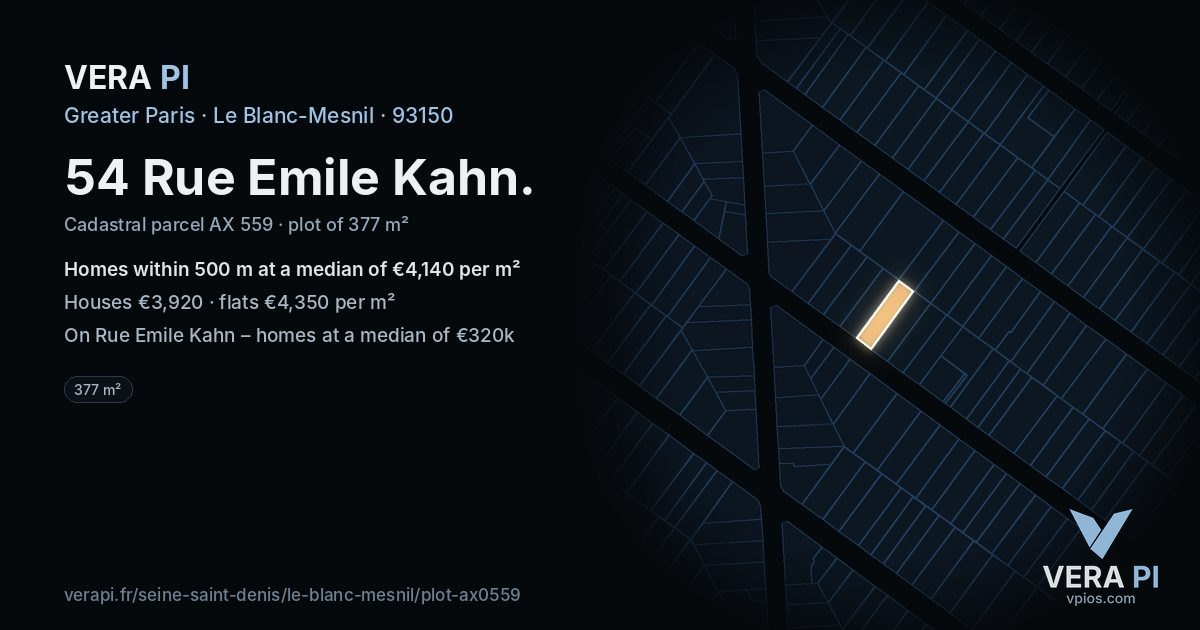 54 Rue Emile Kahn, Le Blanc-Mesnil at night – the plot lit, the parcels around coloured by the prices near them