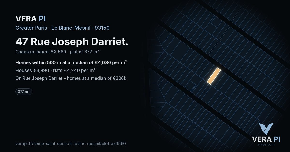 47 Rue Joseph Darriet, Le Blanc-Mesnil at night – the plot lit, the parcels around coloured by the prices near them