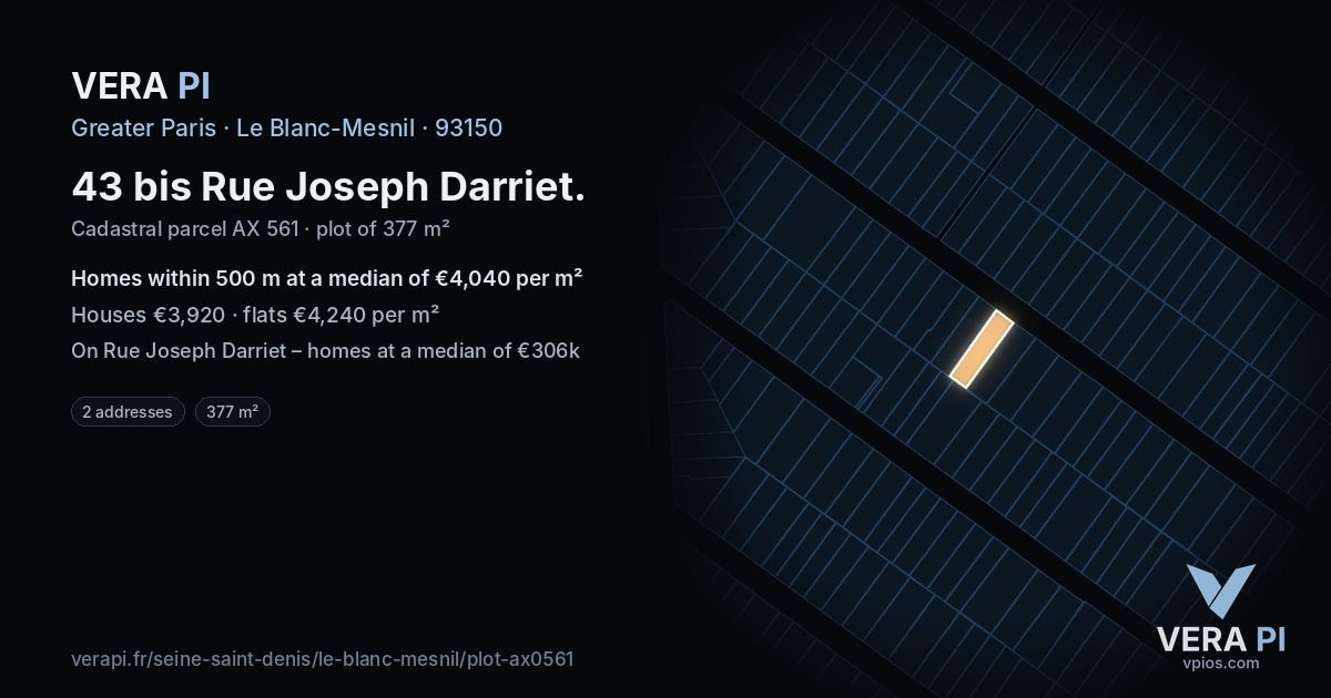 43 bis Rue Joseph Darriet, Le Blanc-Mesnil at night – the plot lit, the parcels around coloured by the prices near them