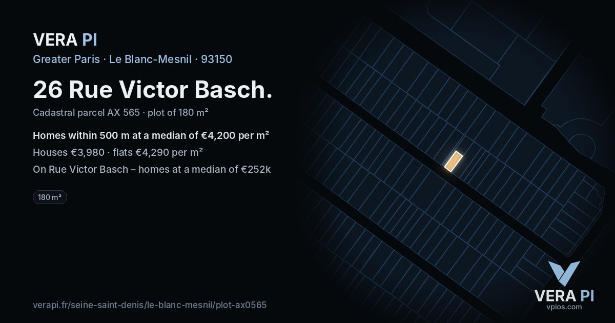 26 Rue Victor Basch, Le Blanc-Mesnil at night – the plot lit, the parcels around coloured by the prices near them