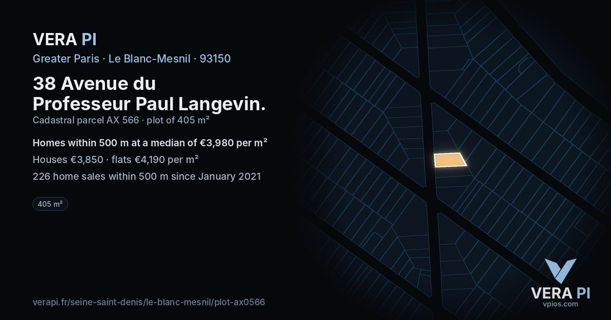 38 Avenue du Professeur Paul Langevin, Le Blanc-Mesnil at night – the plot lit, the parcels around coloured by the prices near them