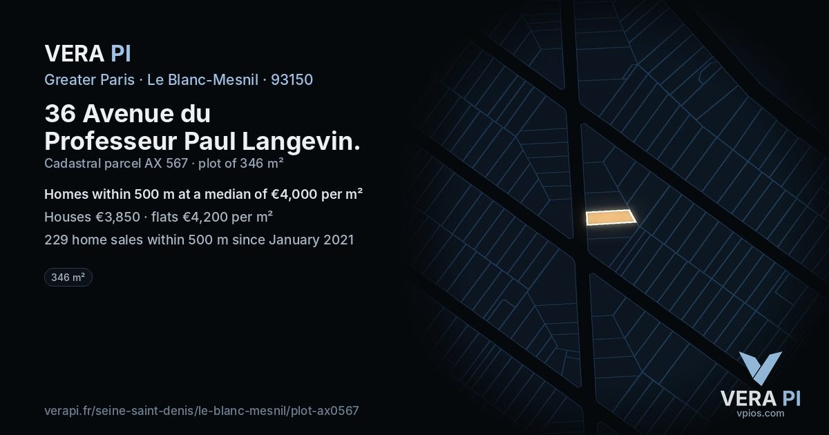 36 Avenue du Professeur Paul Langevin, Le Blanc-Mesnil at night – the plot lit, the parcels around coloured by the prices near them