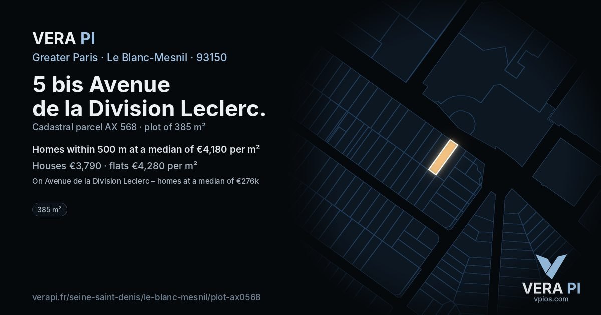 5 bis Avenue de la Division Leclerc, Le Blanc-Mesnil at night – the plot lit, the parcels around coloured by the prices near them