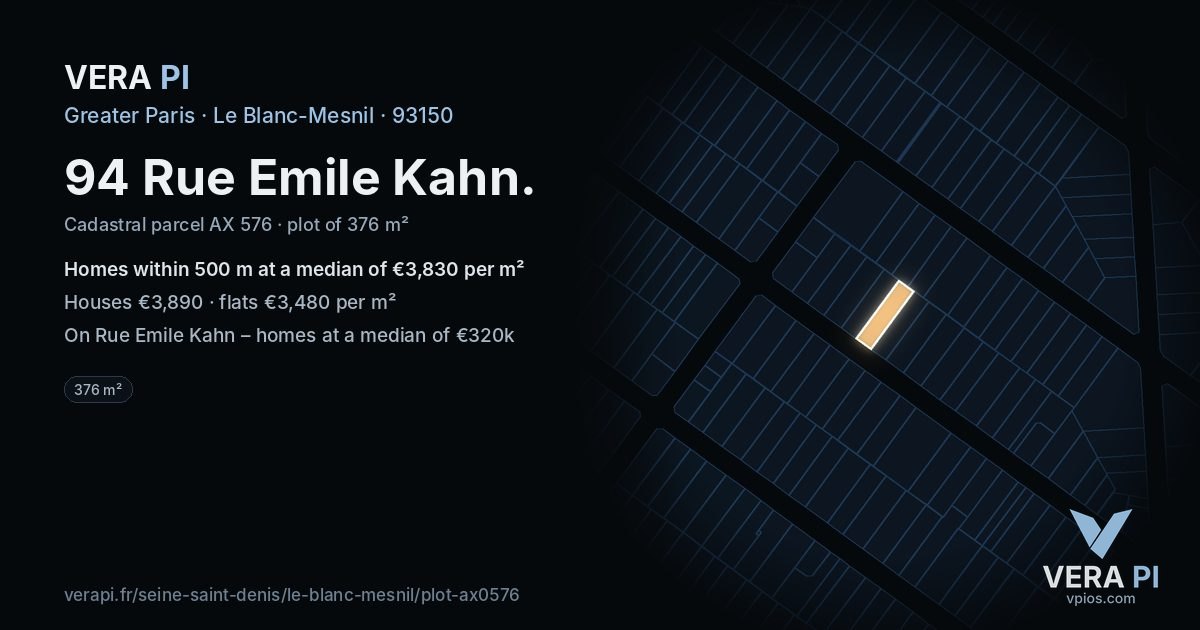 94 Rue Emile Kahn, Le Blanc-Mesnil at night – the plot lit, the parcels around coloured by the prices near them