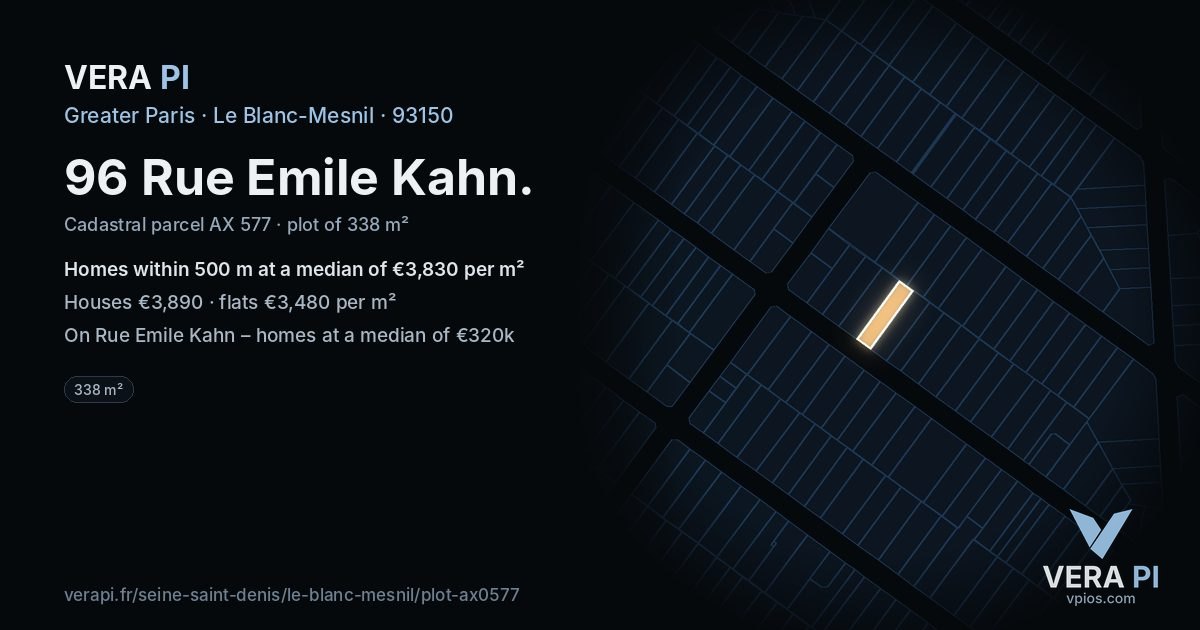 96 Rue Emile Kahn, Le Blanc-Mesnil at night – the plot lit, the parcels around coloured by the prices near them