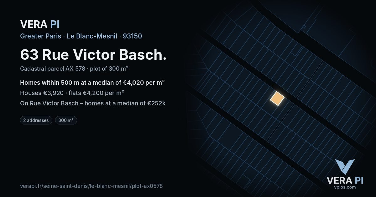 63 Rue Victor Basch, Le Blanc-Mesnil at night – the plot lit, the parcels around coloured by the prices near them