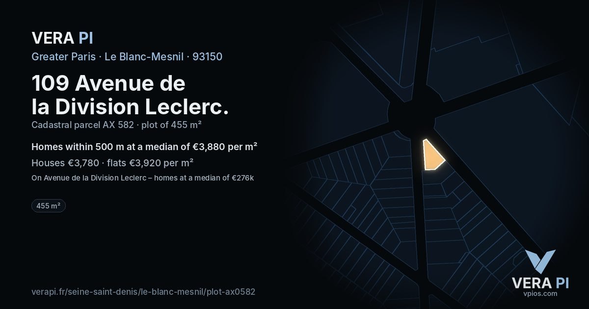 109 Avenue de la Division Leclerc, Le Blanc-Mesnil at night – the plot lit, the parcels around coloured by the prices near them