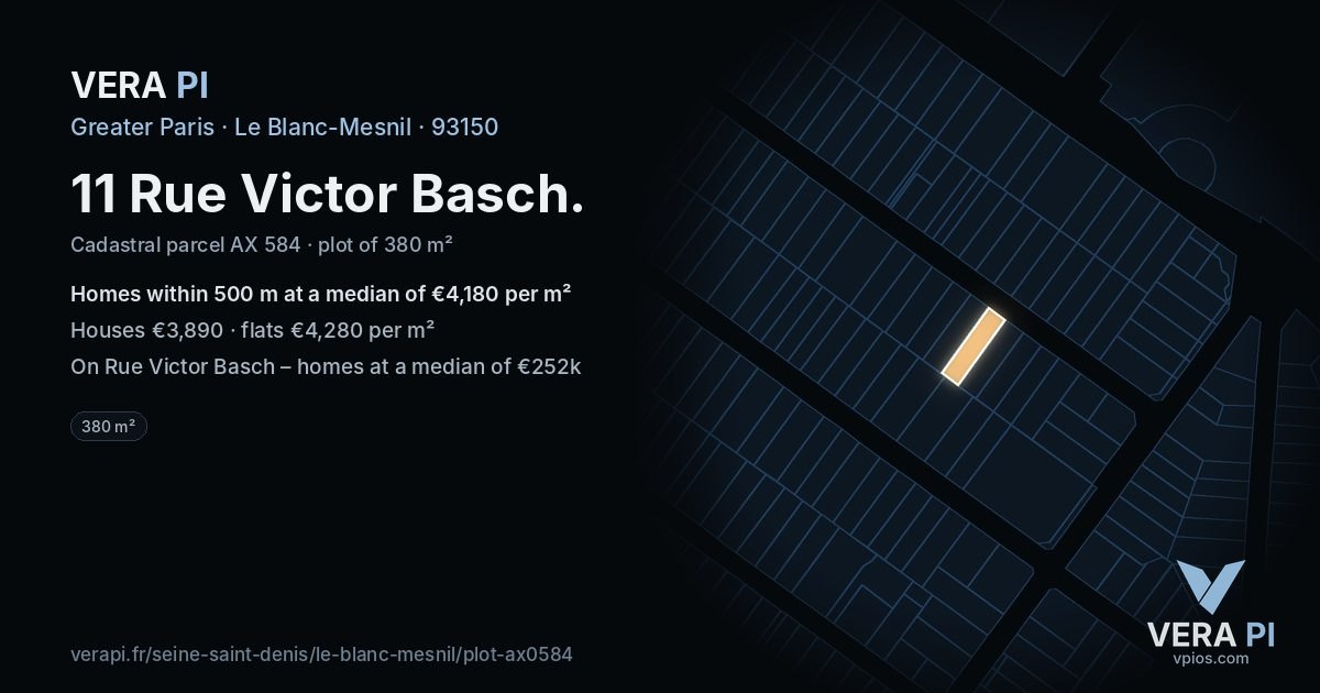 11 Rue Victor Basch, Le Blanc-Mesnil at night – the plot lit, the parcels around coloured by the prices near them