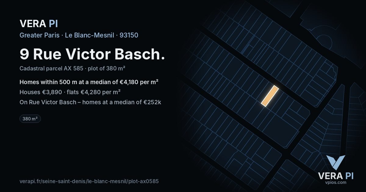 9 Rue Victor Basch, Le Blanc-Mesnil at night – the plot lit, the parcels around coloured by the prices near them