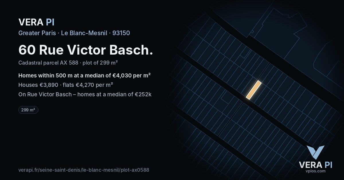 60 Rue Victor Basch, Le Blanc-Mesnil at night – the plot lit, the parcels around coloured by the prices near them