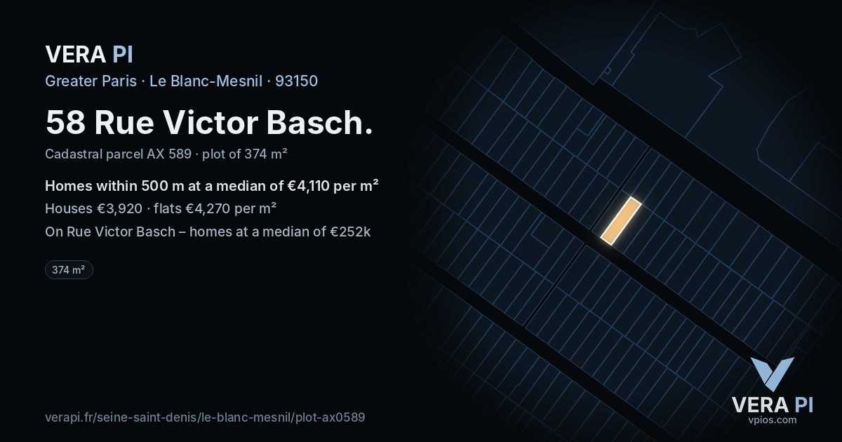 58 Rue Victor Basch, Le Blanc-Mesnil at night – the plot lit, the parcels around coloured by the prices near them