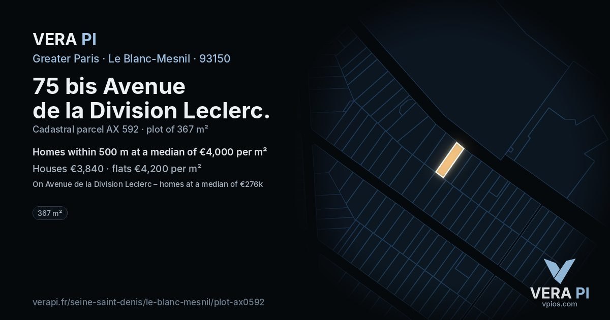 75 bis Avenue de la Division Leclerc, Le Blanc-Mesnil at night – the plot lit, the parcels around coloured by the prices near them