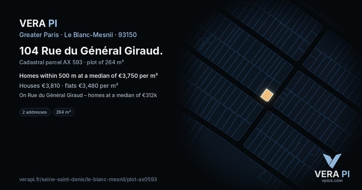 104 Rue du Général Giraud, Le Blanc-Mesnil at night – the plot lit, the parcels around coloured by the prices near them