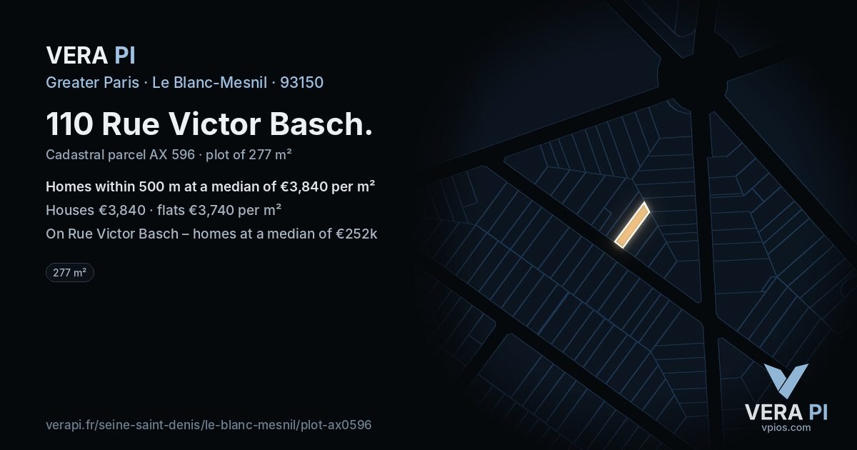110 Rue Victor Basch, Le Blanc-Mesnil at night – the plot lit, the parcels around coloured by the prices near them