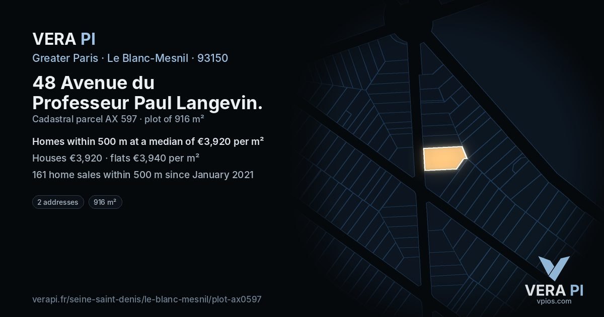 48 Avenue du Professeur Paul Langevin, Le Blanc-Mesnil at night – the plot lit, the parcels around coloured by the prices near them