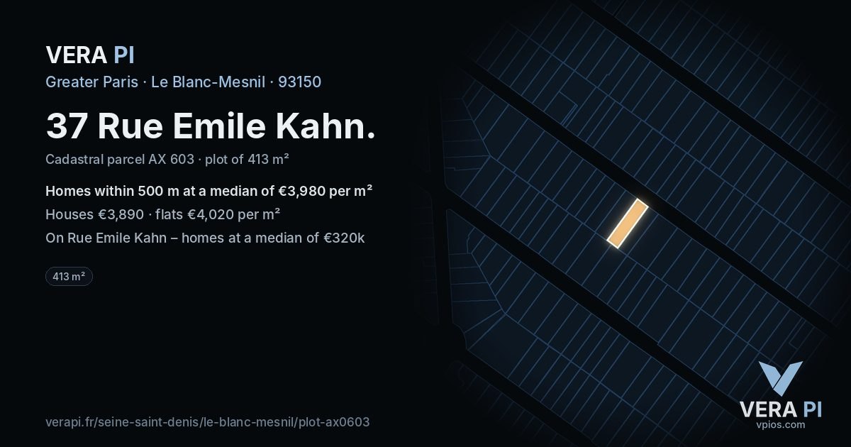 37 Rue Emile Kahn, Le Blanc-Mesnil at night – the plot lit, the parcels around coloured by the prices near them