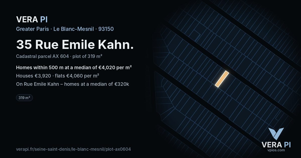 35 Rue Emile Kahn, Le Blanc-Mesnil at night – the plot lit, the parcels around coloured by the prices near them