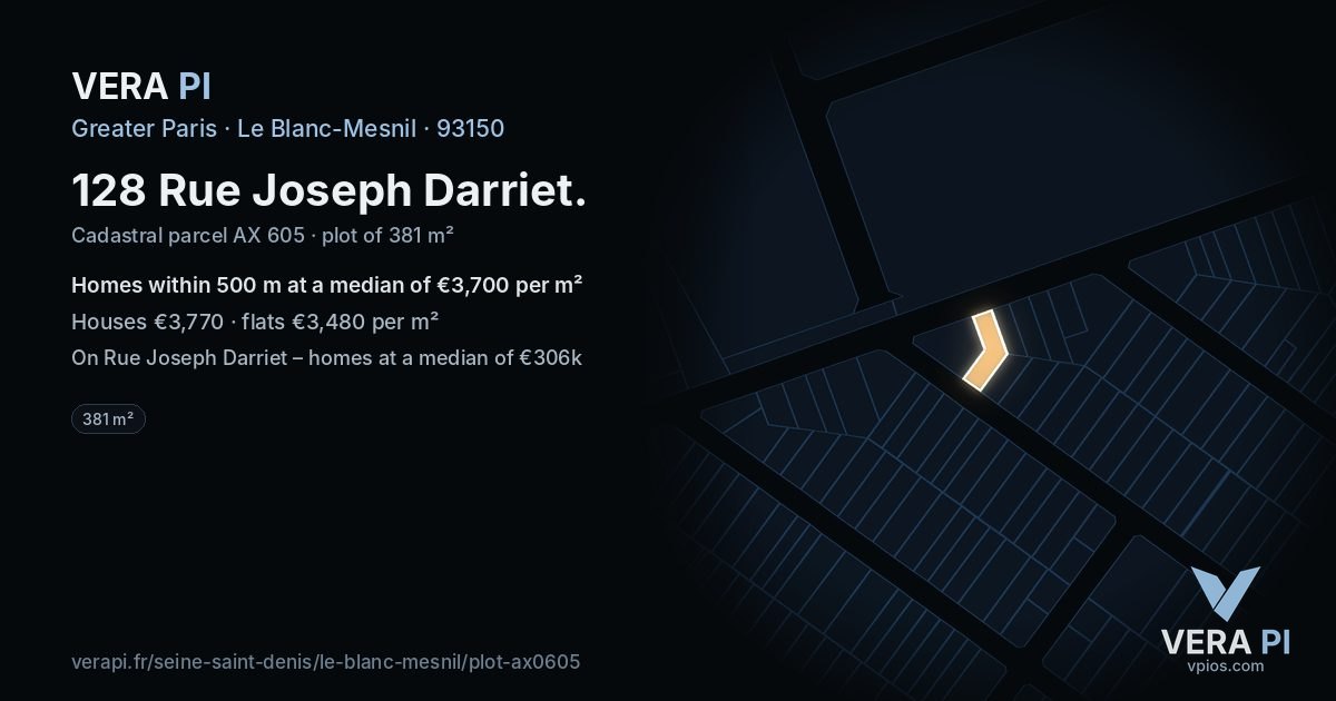128 Rue Joseph Darriet, Le Blanc-Mesnil at night – the plot lit, the parcels around coloured by the prices near them
