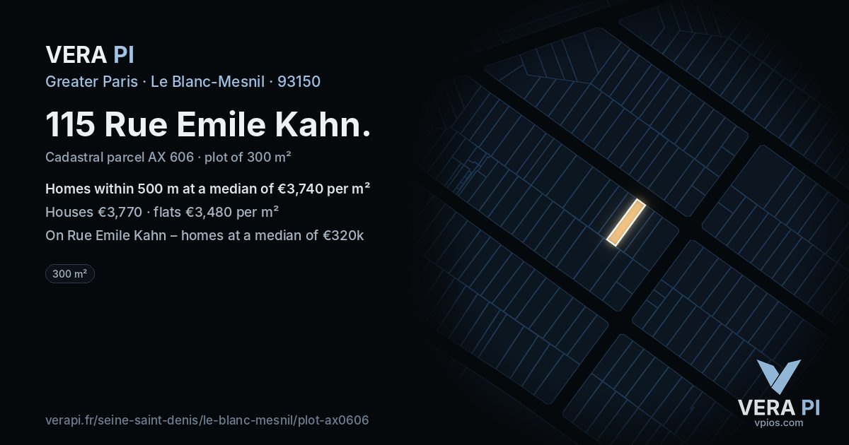 115 Rue Emile Kahn, Le Blanc-Mesnil at night – the plot lit, the parcels around coloured by the prices near them