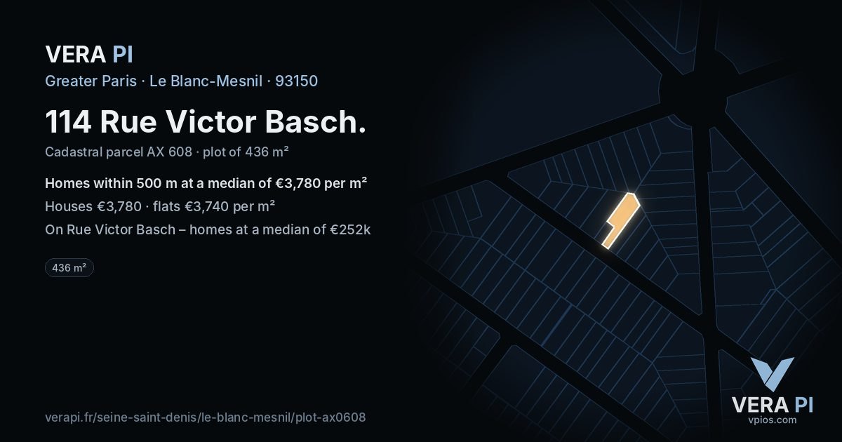 114 Rue Victor Basch, Le Blanc-Mesnil at night – the plot lit, the parcels around coloured by the prices near them