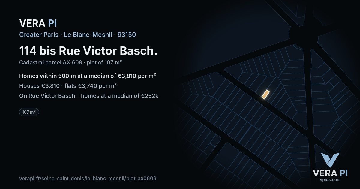114 bis Rue Victor Basch, Le Blanc-Mesnil at night – the plot lit, the parcels around coloured by the prices near them