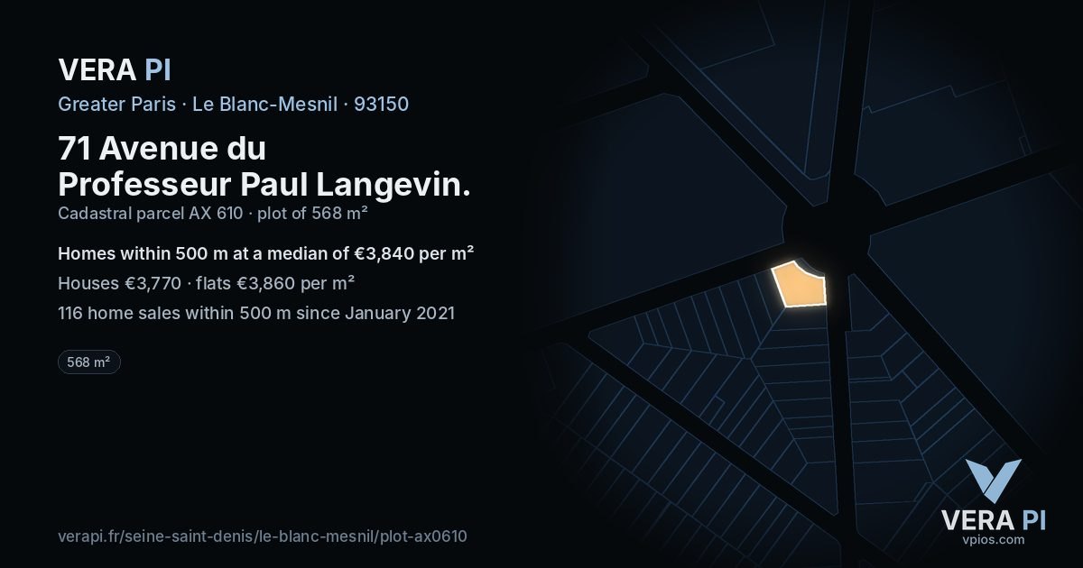 71 Avenue du Professeur Paul Langevin, Le Blanc-Mesnil at night – the plot lit, the parcels around coloured by the prices near them