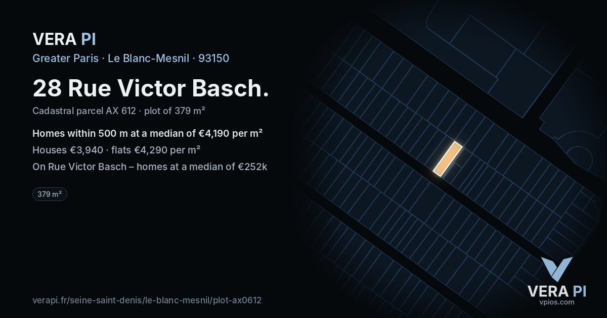 28 Rue Victor Basch, Le Blanc-Mesnil at night – the plot lit, the parcels around coloured by the prices near them