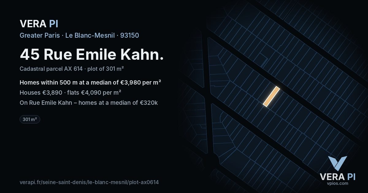 45 Rue Emile Kahn, Le Blanc-Mesnil at night – the plot lit, the parcels around coloured by the prices near them
