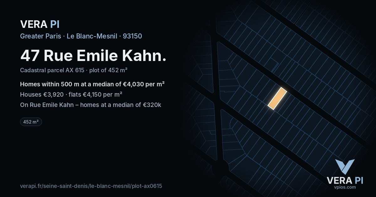 47 Rue Emile Kahn, Le Blanc-Mesnil at night – the plot lit, the parcels around coloured by the prices near them
