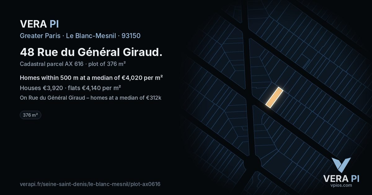 48 Rue du Général Giraud, Le Blanc-Mesnil at night – the plot lit, the parcels around coloured by the prices near them