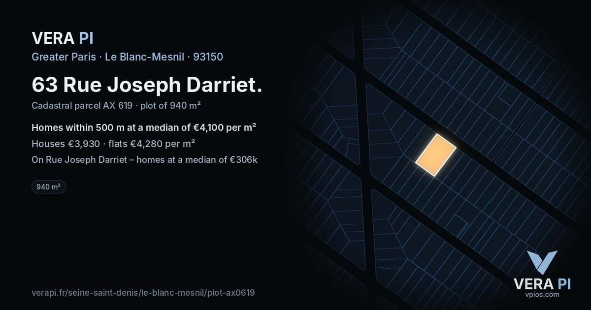 63 Rue Joseph Darriet, Le Blanc-Mesnil at night – the plot lit, the parcels around coloured by the prices near them