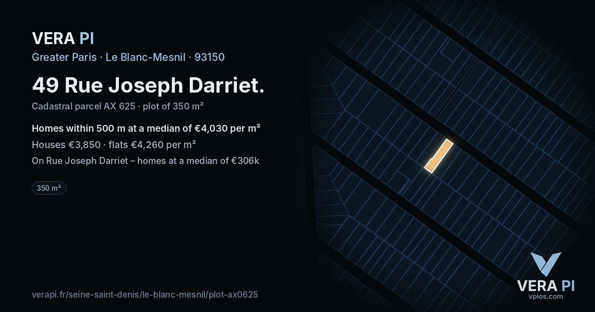 49 Rue Joseph Darriet, Le Blanc-Mesnil at night – the plot lit, the parcels around coloured by the prices near them