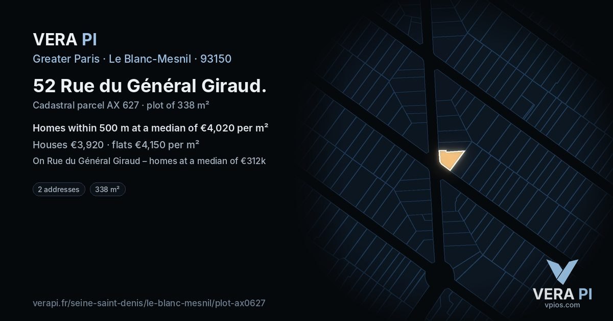 52 Rue du Général Giraud, Le Blanc-Mesnil at night – the plot lit, the parcels around coloured by the prices near them