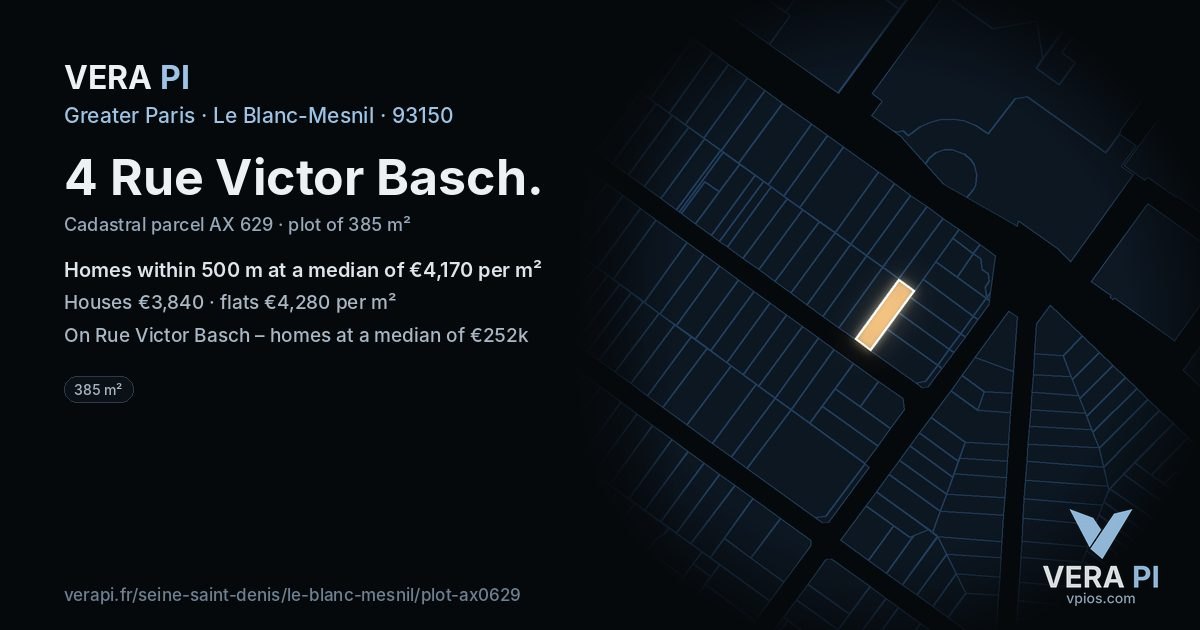 4 Rue Victor Basch, Le Blanc-Mesnil at night – the plot lit, the parcels around coloured by the prices near them