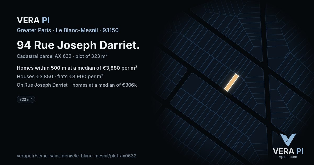 94 Rue Joseph Darriet, Le Blanc-Mesnil at night – the plot lit, the parcels around coloured by the prices near them